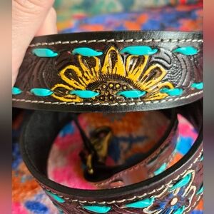 Myra Bag Brown Leather Hand Tooled Purse Strap with Turquoise and Yellow Accents